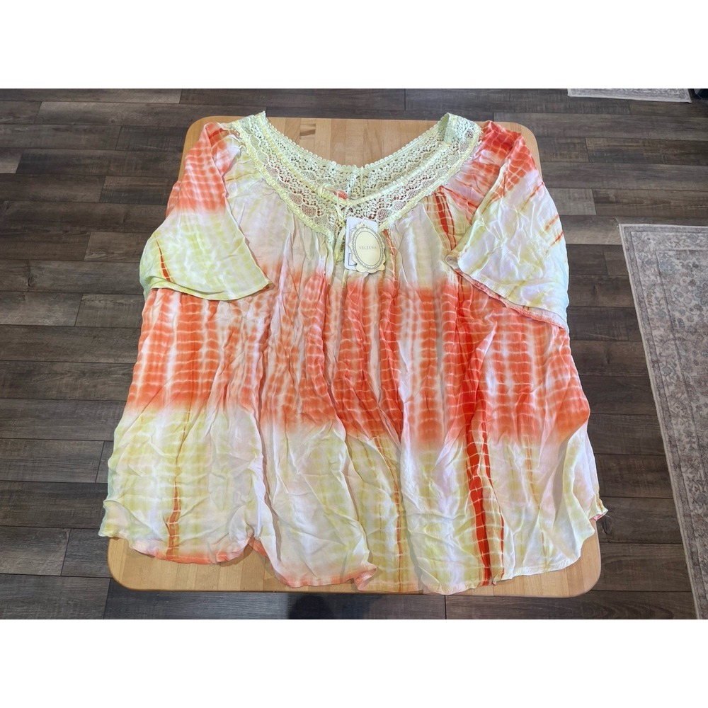 Yellow Orange White Tie Dye Lace Trim Top 2X Oversized Beach Vacation New W Tags